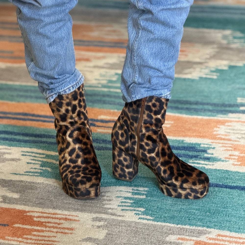 Urban Outfitters Olivia Leopard Print Velvet Platform Ankle Boots